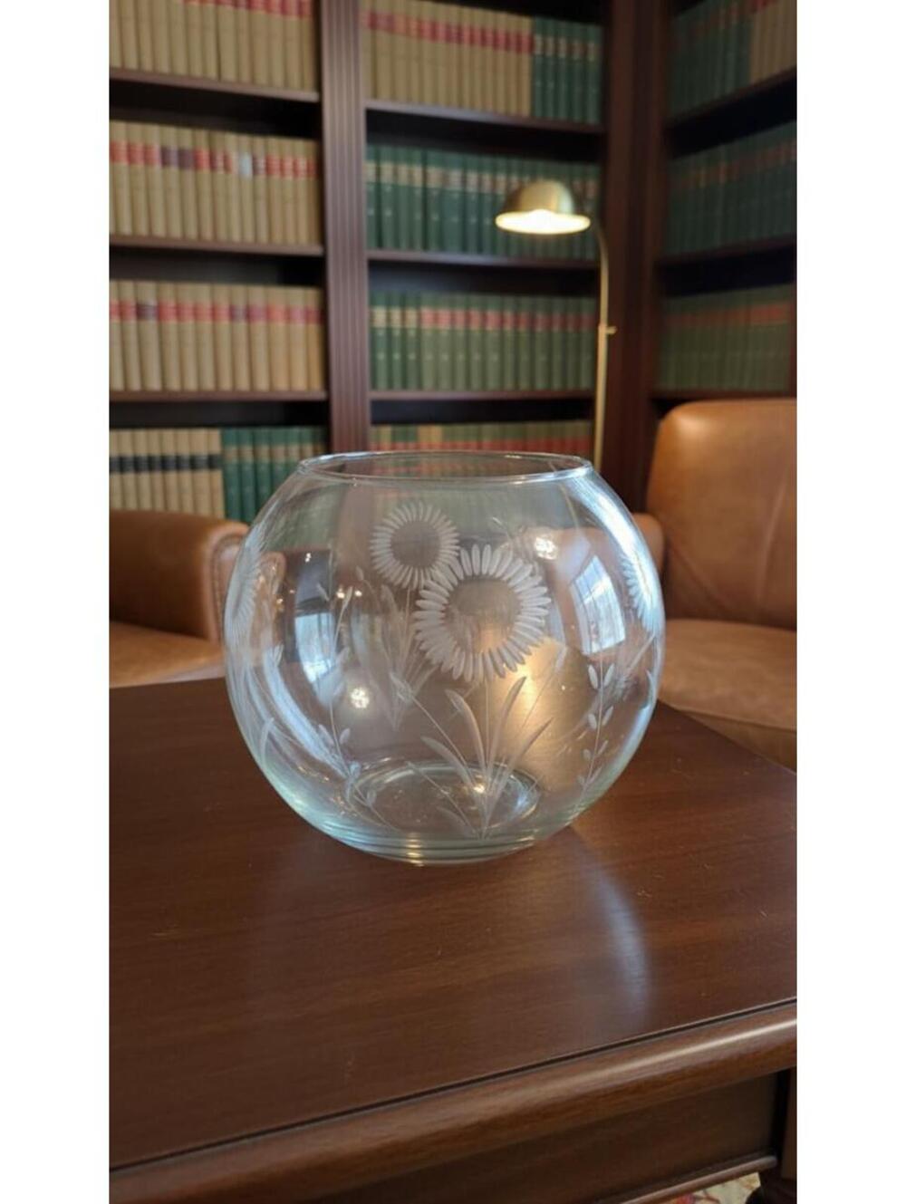 TamSar Hand Blown Glass Vase Etched Floral 7.5” Vintage Mexico floral design
